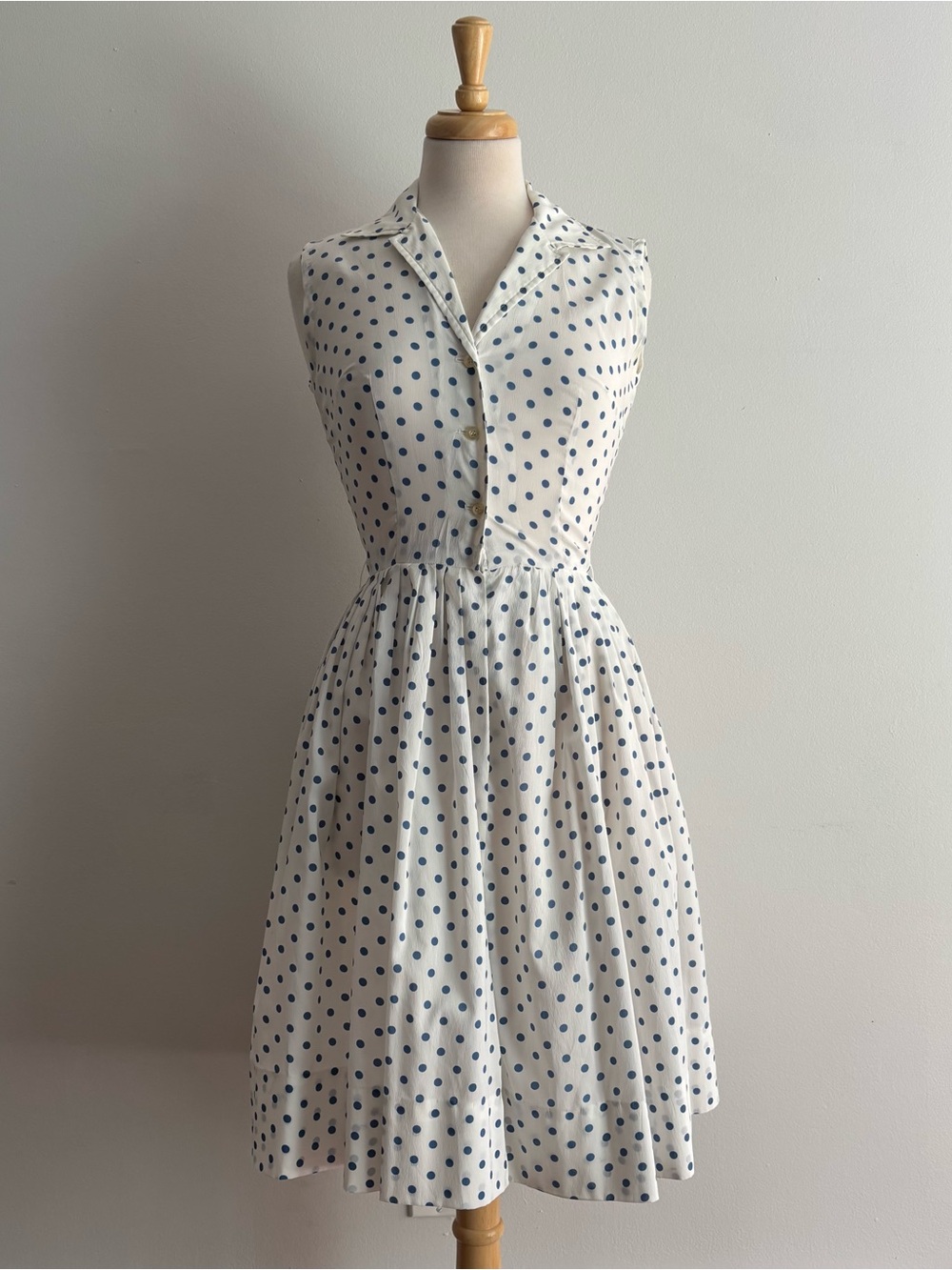 Vintage 1960s White & Blue Polka Dot Crepe Sleeveless Dress / 24 waist